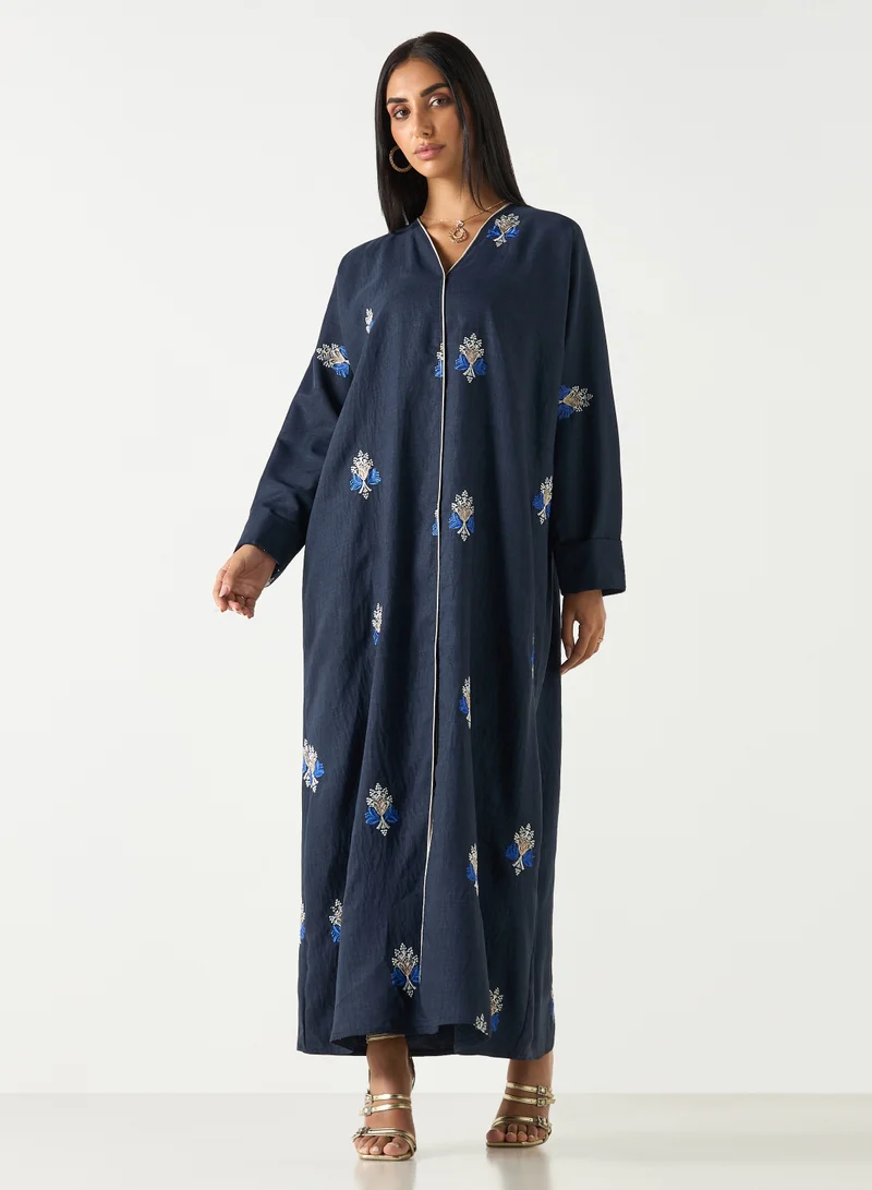 Hadiyath Al Madinah Floral Embroidered Navy Abaya