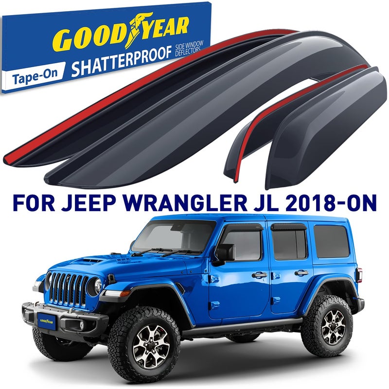 Goodyear Shatterproof Side Window Deflectors for Jeep Wrangler JL 2018-2026/Jeep Gladiator 2020-2026, Tape-on Rain Guards, Window Visors, Vent Deflector, Vent Visor, Car Accessories, 4 pcs- GY003198LP - Image 2