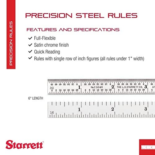Starrett Full Flexible Steel Rule with Satin Chrome Finish, Quick Reading, and Inch Graduation - 4R Graduation, 6" Length, 1/64" Thickness - C304R-6 - Image 2