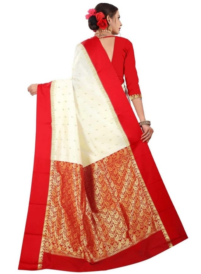 Women's Zari Art Silk Saree With Running Blouse Piece (G-101_Off-White And Red)  - Image 2