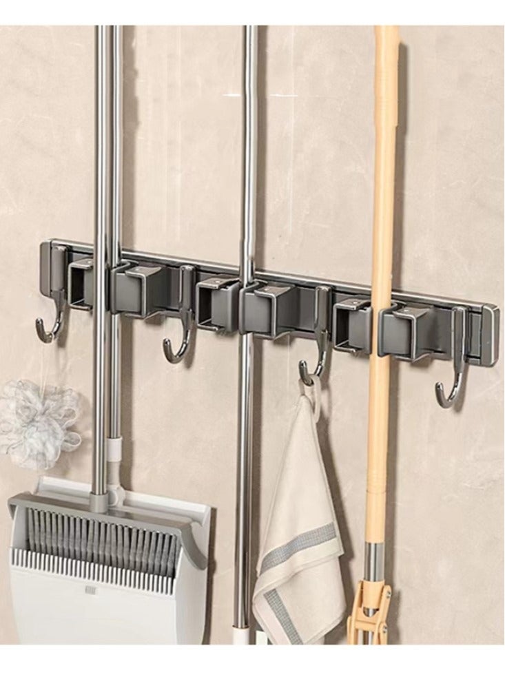 Kutis 1-Piece Wall Mounted Mop And Broom Holder 3 Position With 4 Hooks Alloy Grey 40.5x6.4x5.2 cm - Image 2