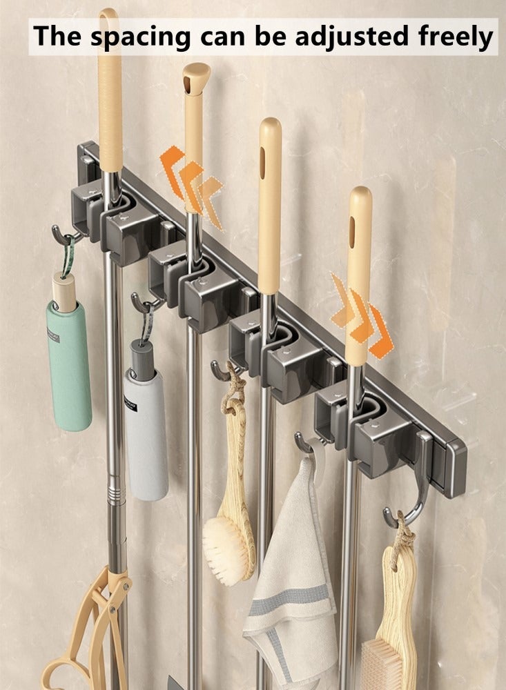 Kutis 1-Piece Wall Mounted Mop And Broom Holder 3 Position With 4 Hooks Alloy Grey 40.5x6.4x5.2 cm - Image 4