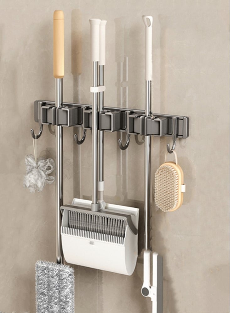 Kutis 1-Piece Wall Mounted Mop And Broom Holder 3 Position With 4 Hooks Alloy Grey 40.5x6.4x5.2 cm - Image 1