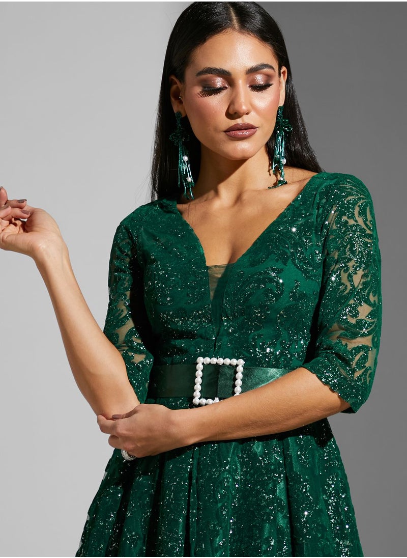 نمشي x Embossed & Belt Detail Dress  - Image 3