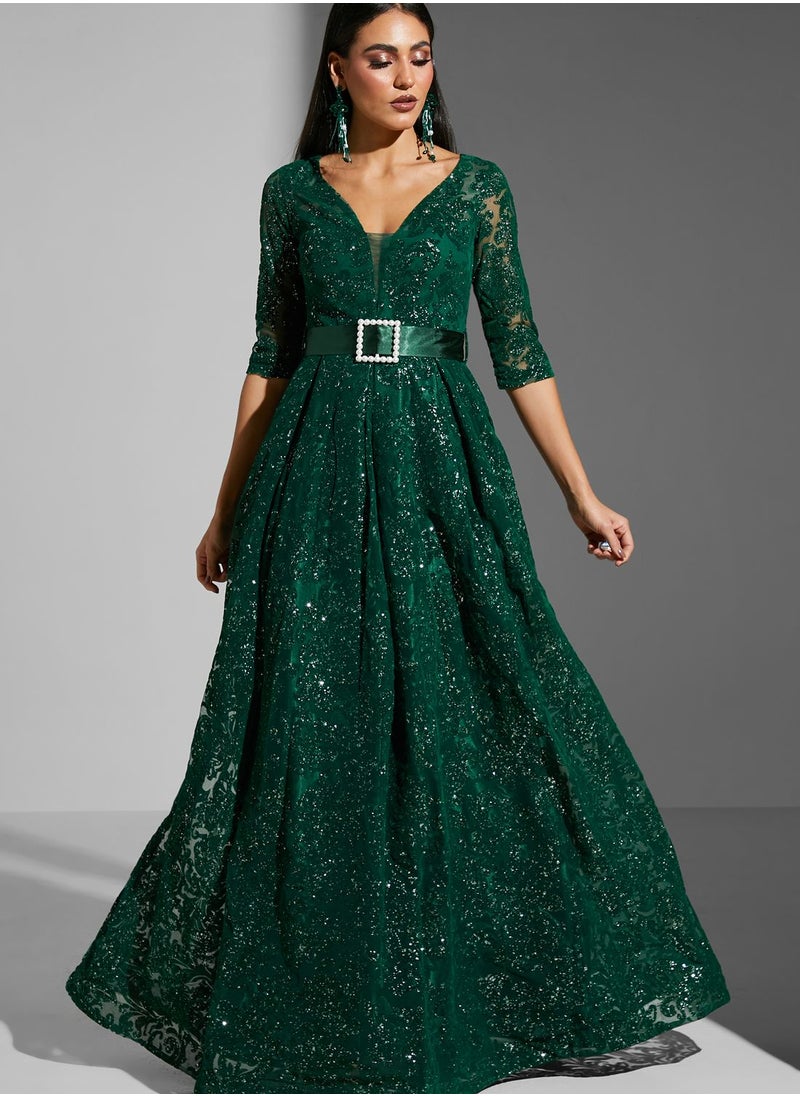 نمشي x Embossed & Belt Detail Dress  - Image 1
