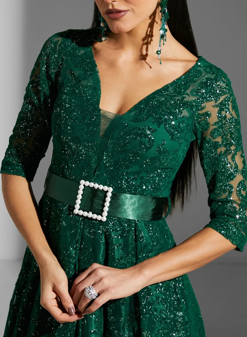 نمشي x Embossed & Belt Detail Dress