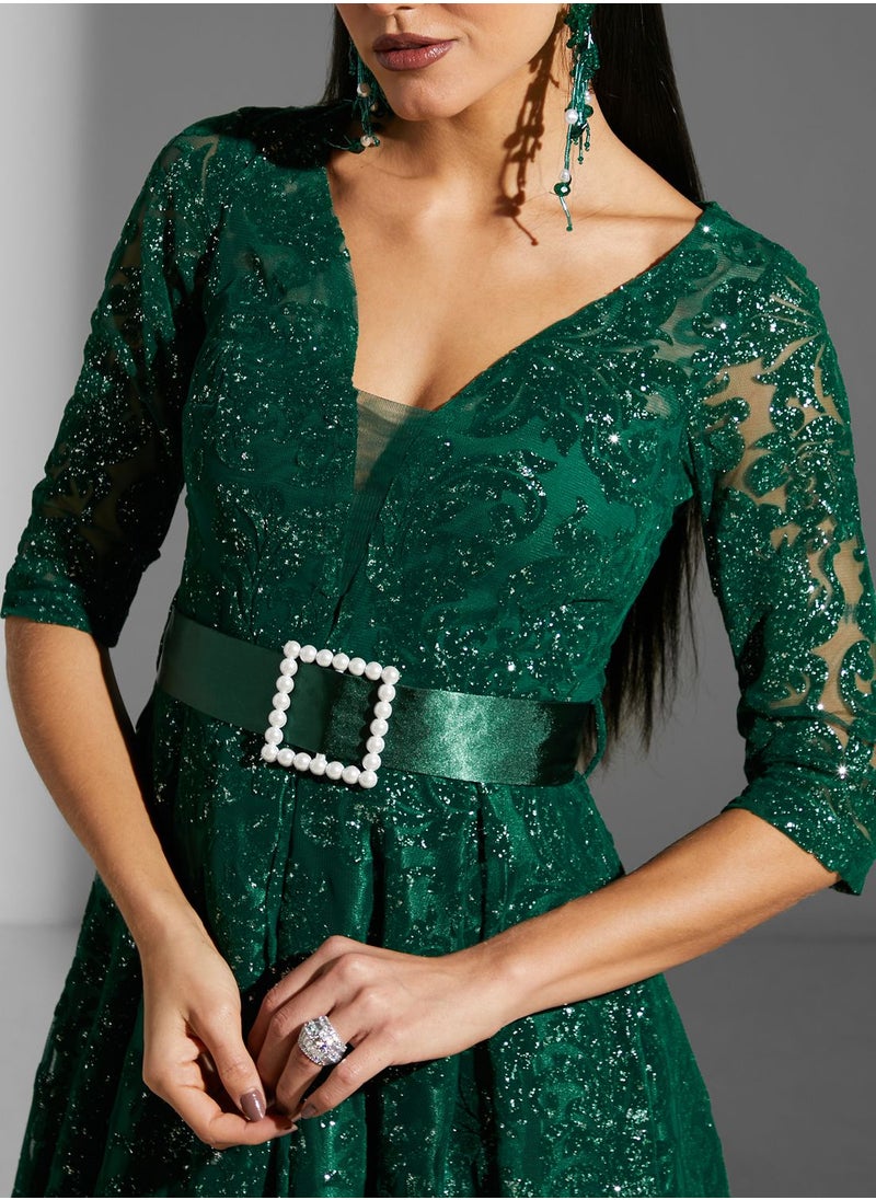 نمشي x Embossed & Belt Detail Dress  - Image 4