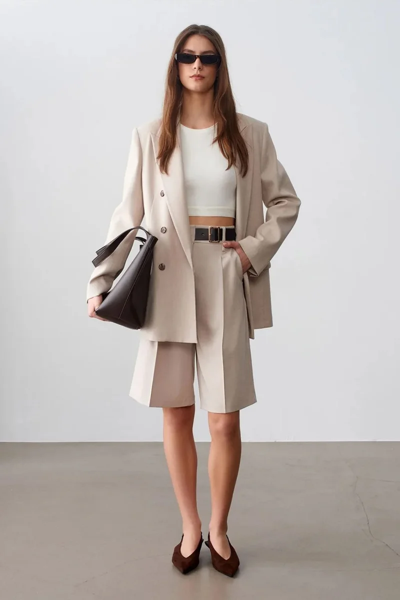 Dilvin Beige Natural DILVIN Women's Crepe Blazer Jacket for Women | Best Price UAE