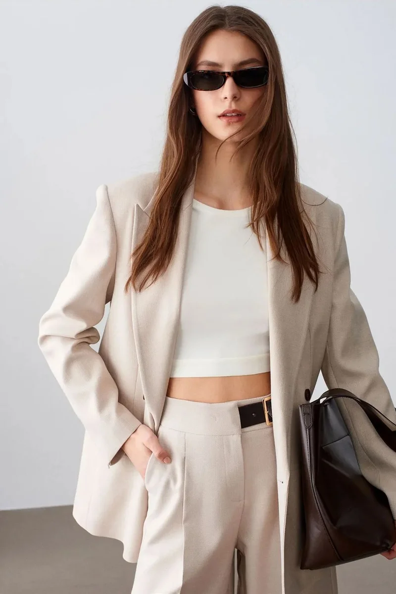 Dilvin Beige Natural DILVIN Women's Crepe Blazer Jacket for Women | Best Price UAE