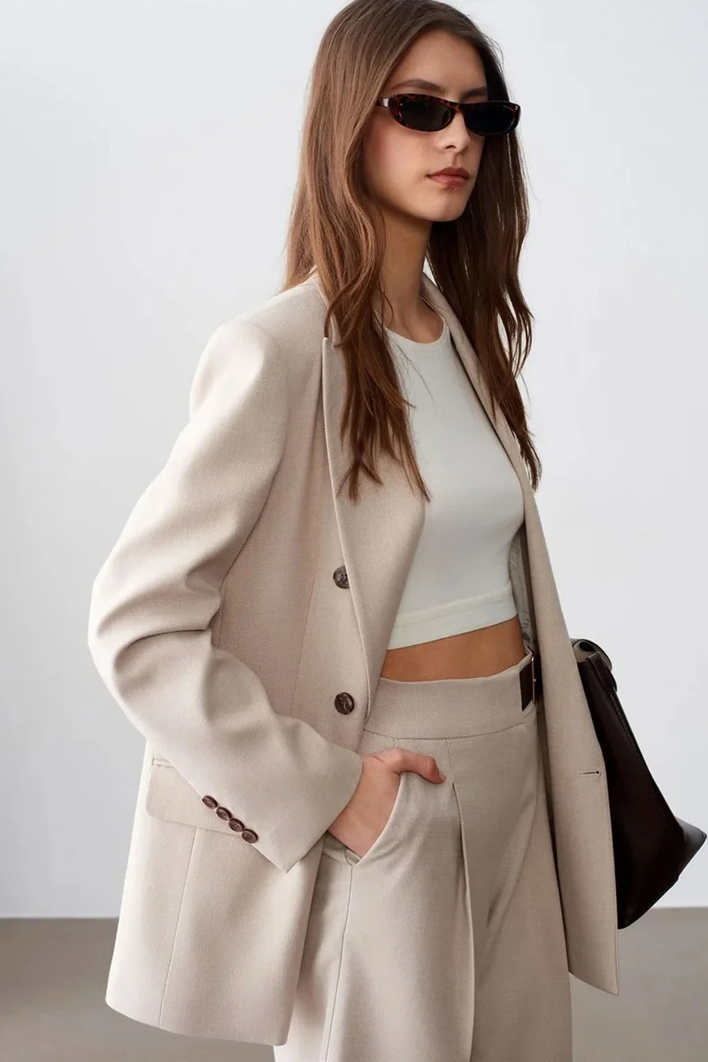 Dilvin Beige Natural DILVIN Women's Crepe Blazer Jacket for Women | Best Price UAE