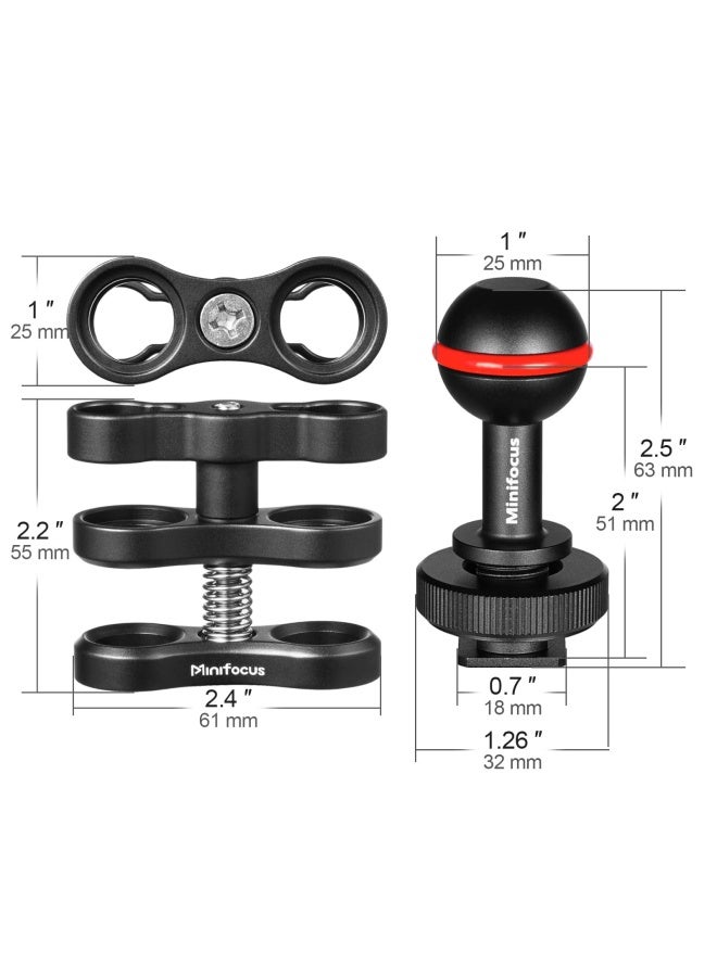 MINIFOCUS 1 Ball Clamp Mount with Cold Shoe Ball Mount Head Base Adapter Connector for Diving Light Arm Underwater Camera Waterproof Housings Case Video Flash Strobe Hot Shoes  - Image 5