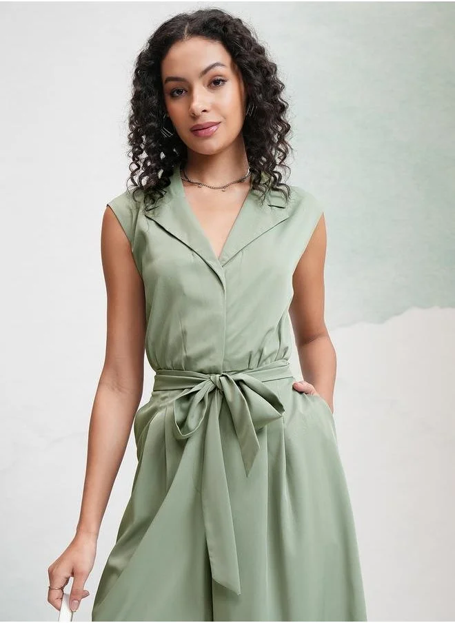 طوكيو توكيز Solid Waist Tie Up Culotte Leg Jumpsuit by Styli