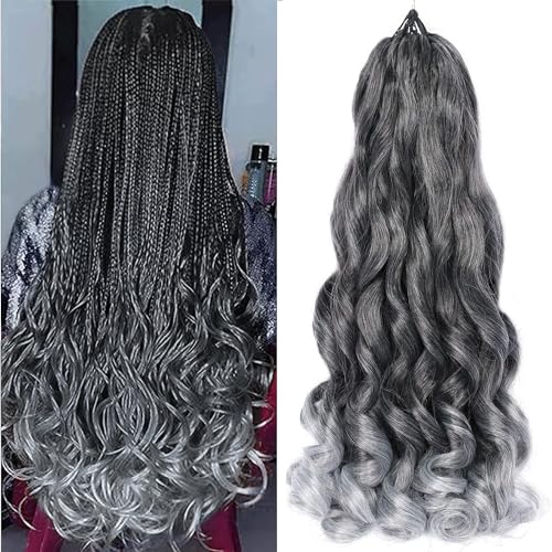 Colorful Queen Ombre Grey French Curls Braiding Hair 22 Inch Bouncy French Curly Braiding Hair Loose Wavy Crochet Braids Hair for Women 7 Packs 1BGrey