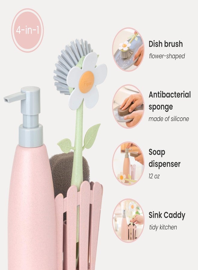 Vigar Florganic Kitchen Sink Caddy Set with Dish Soap Dispenser - Sponge Holder, Decorative Flower Dish Brush & Sponge, Kitchen Sink Organizer, Brush Holder and Soap Caddy for Countertop - Pink - Image 3