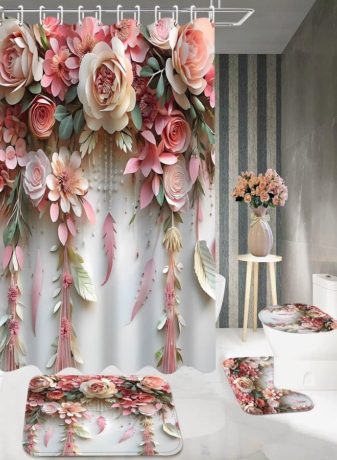 DDQQ Pink Flower Bathroom Shower Curtain Set, Romantic and Cute Rose Floral Polyester Bathroom Decor Set with Shower Curtain and Rugs and Accessories - Image 4