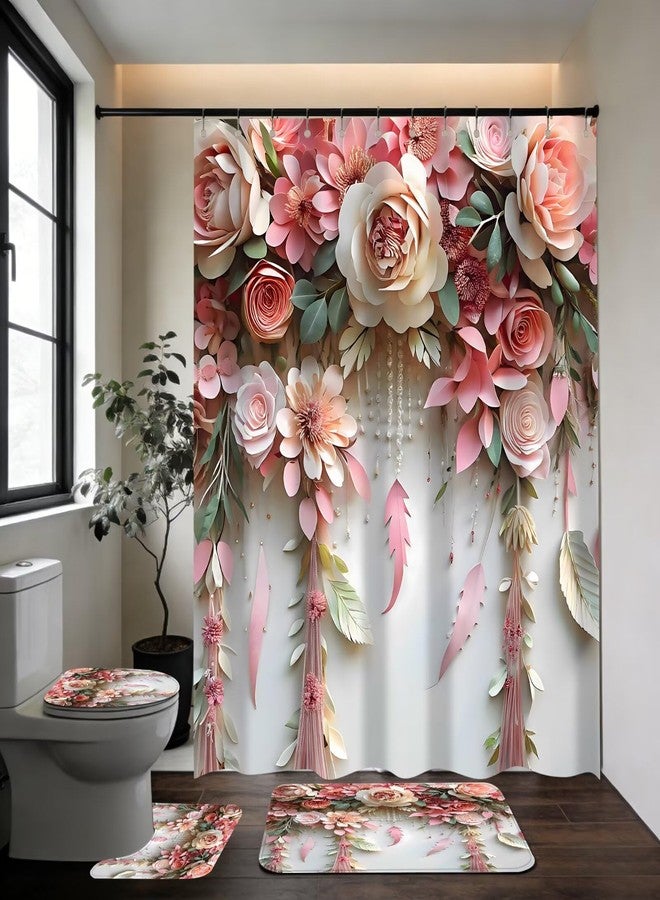 DDQQ Pink Flower Bathroom Shower Curtain Set, Romantic and Cute Rose Floral Polyester Bathroom Decor Set with Shower Curtain and Rugs and Accessories - Image 2