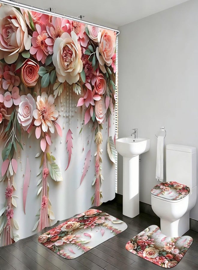 DDQQ Pink Flower Bathroom Shower Curtain Set, Romantic and Cute Rose Floral Polyester Bathroom Decor Set with Shower Curtain and Rugs and Accessories - Image 1