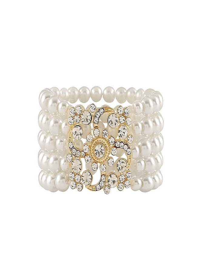 Asphire Vintage Pearl Bracelet Multi-layered Floral Pearl Crystal Elastic Bangle Bridal Wedding Jewelry 1920s Flapper Prom Party Costume Accessories for Women (Gold) - Image 1