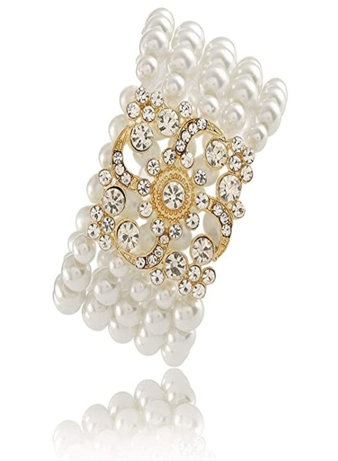 Asphire Vintage Pearl Bracelet Multi-layered Floral Pearl Crystal Elastic Bangle Bridal Wedding Jewelry 1920s Flapper Prom Party Costume Accessories for Women (Gold) - Image 2