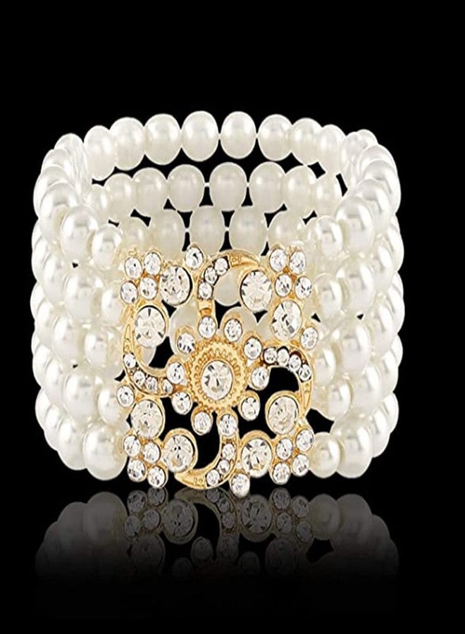Asphire Vintage Pearl Bracelet Multi-layered Floral Pearl Crystal Elastic Bangle Bridal Wedding Jewelry 1920s Flapper Prom Party Costume Accessories for Women (Gold) - Image 3