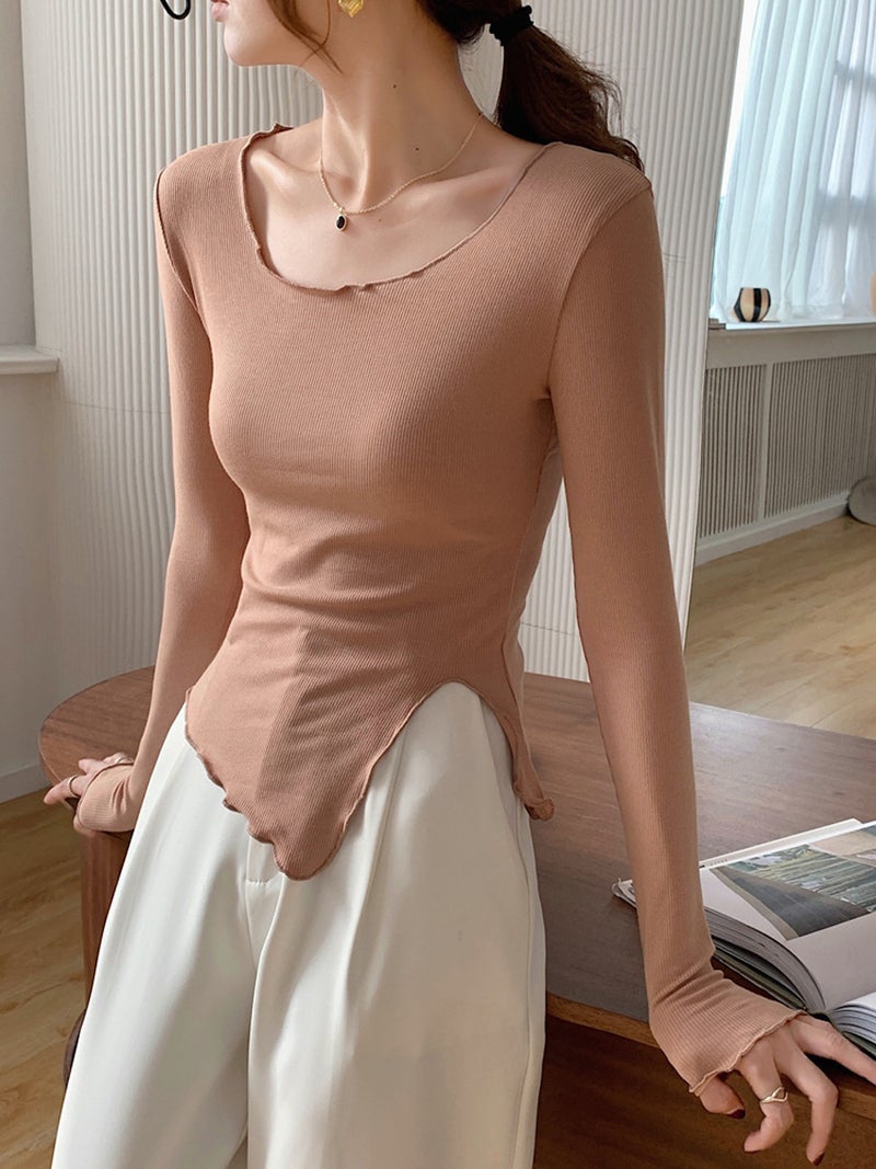 Selected High-Elastic Threaded Cotton Rolled Edge Asymmetrical Slit T-Shirt Women'S Long-Sleeved 2025 Autumn New Tight-Fitting Bottoming Shirt - Image 5