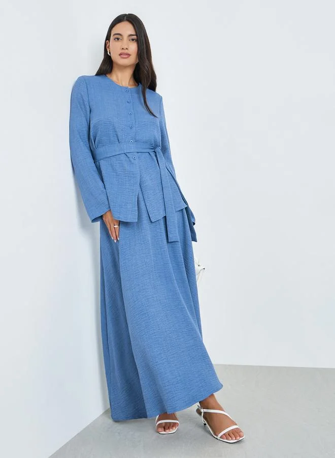 Blue Buttoned Long Sleeve Top and Skirt Co-Ords