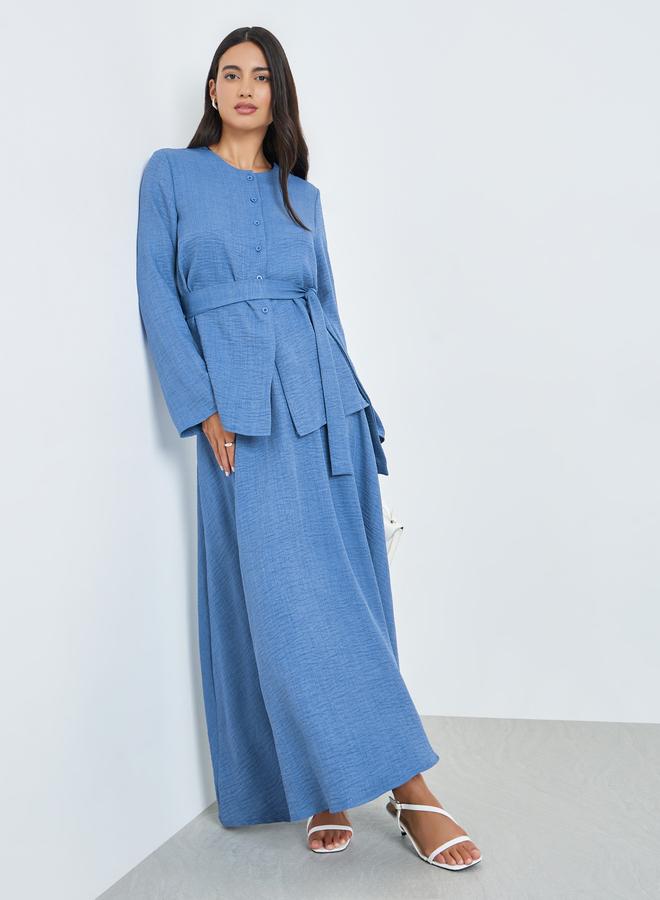 Amirah Blue Buttoned Long Sleeve Top and Skirt Co-Ords - Image 1