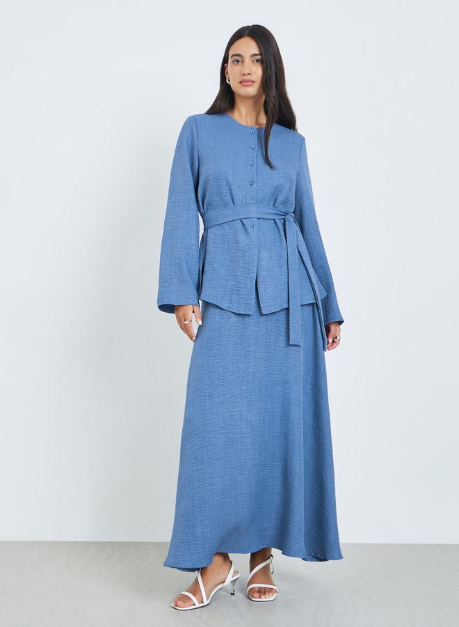Amirah Blue Buttoned Long Sleeve Top and Skirt Co-Ords - Image 3