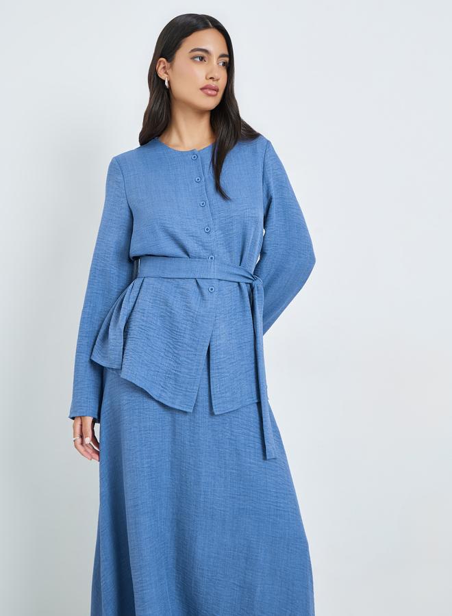 Amirah Blue Buttoned Long Sleeve Top and Skirt Co-Ords - Image 2