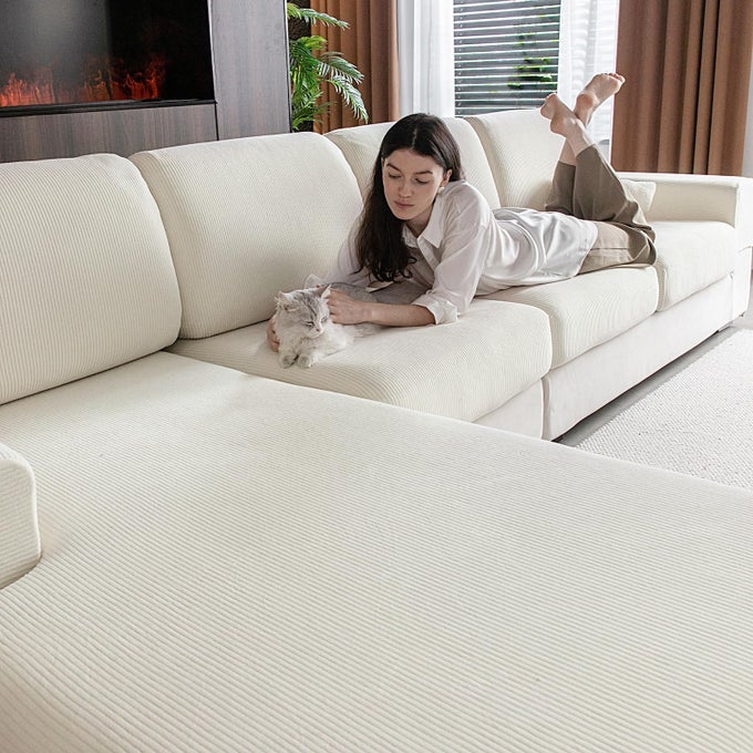 SECTIONAL COUCH COVERS WEAR RESISTANT STRETCH SOFA COVERS WASHABLE SOFT COUCH CUSHION COVERS ANTI SLIP FURNITURE PROTECTOR SOFA SLIPCOVERS FOR PETS 3 PIECES 3 SEATERS COVER IVORY