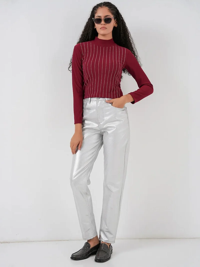 Big Dart Burgundy Red BDART Striped Half Turtleneck Long Sleeve Top with Stone Detail for Women | Best Price UAE