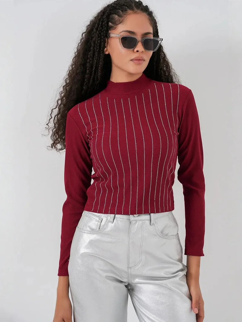 Big Dart Burgundy Red BDART Striped Half Turtleneck Long Sleeve Top with Stone Detail for Women | Best Price UAE