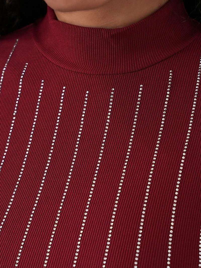 Big Dart Burgundy Red BDART Striped Half Turtleneck Long Sleeve Top with Stone Detail for Women | Best Price UAE