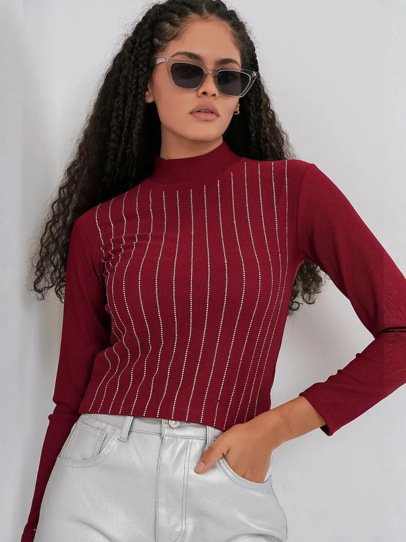 Big Dart Burgundy Red BDART Striped Half Turtleneck Long Sleeve Top with Stone Detail for Women | Best Price UAE