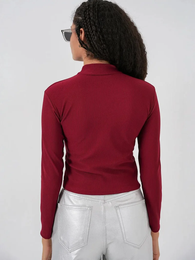 Big Dart Burgundy Red BDART Striped Half Turtleneck Long Sleeve Top with Stone Detail for Women | Best Price UAE
