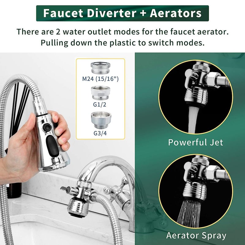 CECEFIN Kitchen Faucet Hose Attachment, Sink Sprayer Replacement Head with 4.9 Ft Stainless Steel Hose, Water Saving Aerator with 3-Way Diverter Valve for Hair Washing Laundry Room and Pet Shower - Image 2