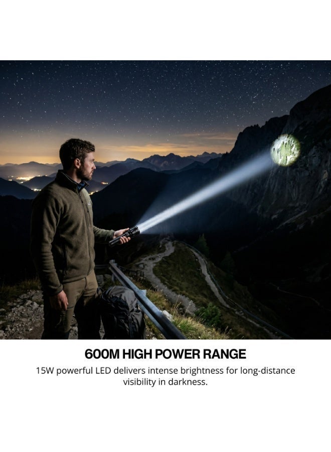 DOMEA مصباح دومياء فلاش، قابل للتكبير، ليزر، قابل للشحن، مدى 600 متر | عمر LED طويل 100000 ساعة | بطارية 4000 مللي أمبير، تصل إلى 4 ساعات من وقت العمل | تذكير بقوة ضوء SOS | مناسب للتخييم والأنشطة الخارجية | 15 واط - Image 5
