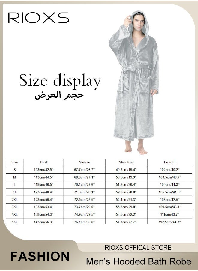 RIOXS - Men's Hooded Bath Robe,Plush Collar Sleepwear,Soft Long Bathrobe Warm Flannel House Robe,Robe Fleece Spa Robes Loungewear For Men,Long Bathrobe Gift For Father Brother Husband - Image 1