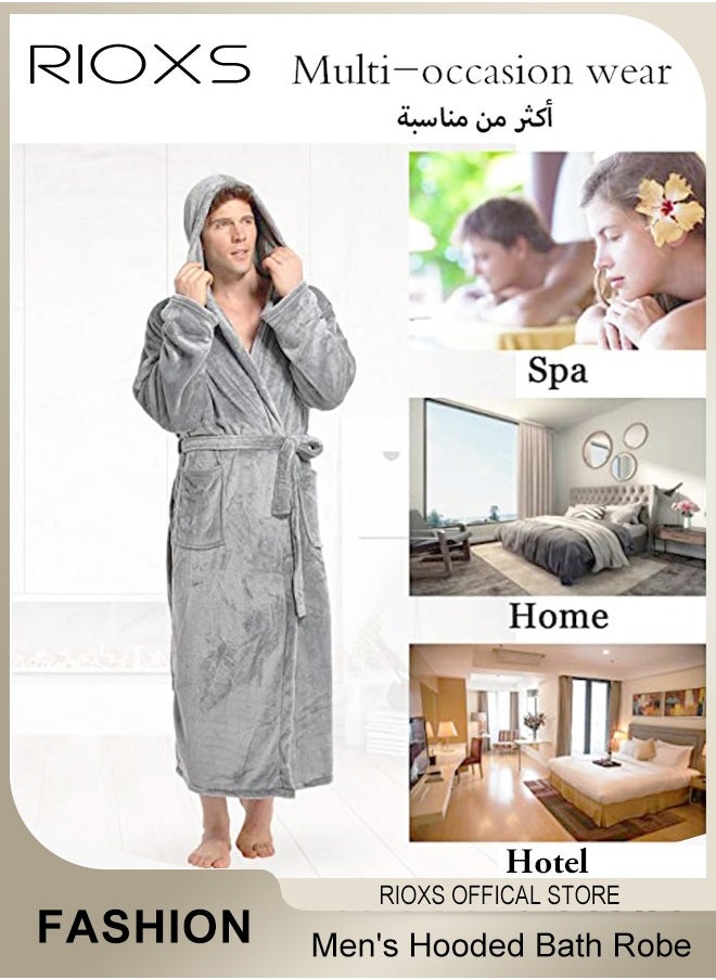 RIOXS - Men's Hooded Bath Robe,Plush Collar Sleepwear,Soft Long Bathrobe Warm Flannel House Robe,Robe Fleece Spa Robes Loungewear For Men,Long Bathrobe Gift For Father Brother Husband - Image 1