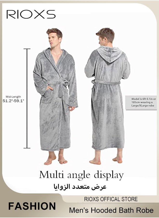 RIOXS - Men's Hooded Bath Robe,Plush Collar Sleepwear,Soft Long Bathrobe Warm Flannel House Robe,Robe Fleece Spa Robes Loungewear For Men,Long Bathrobe Gift For Father Brother Husband - Image 1