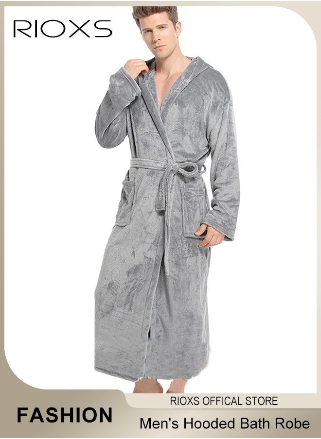 RIOXS - Men's Hooded Bath Robe,Plush Collar Sleepwear,Soft Long Bathrobe Warm Flannel House Robe,Robe Fleece Spa Robes Loungewear For Men,Long Bathrobe Gift For Father Brother Husband - Image 1