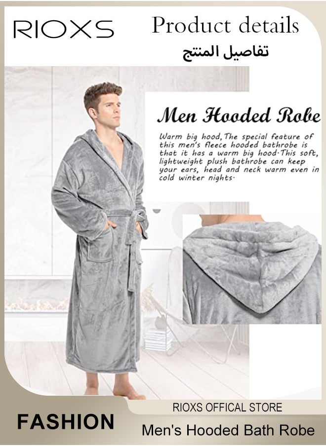 RIOXS - Men's Hooded Bath Robe,Plush Collar Sleepwear,Soft Long Bathrobe Warm Flannel House Robe,Robe Fleece Spa Robes Loungewear For Men,Long Bathrobe Gift For Father Brother Husband - Image 1