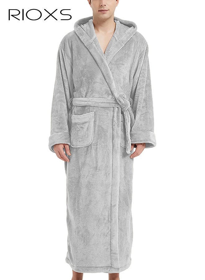 ريوكس رداء حمام رجالي فخم بغطاء للرأس، رداء شتوي طويل من الصوف للرجال ذوي القامة الطويلة، رداء منزلي ناعم طويل الأكمام من الفانيلا الدافئة مع حزام وجيب، رداء حمام كيمونو مريح، رداء سبا، ملابس منزلية، مناسب للاسترخاء في المنزل أو في السبا، رمادي - Image 1
