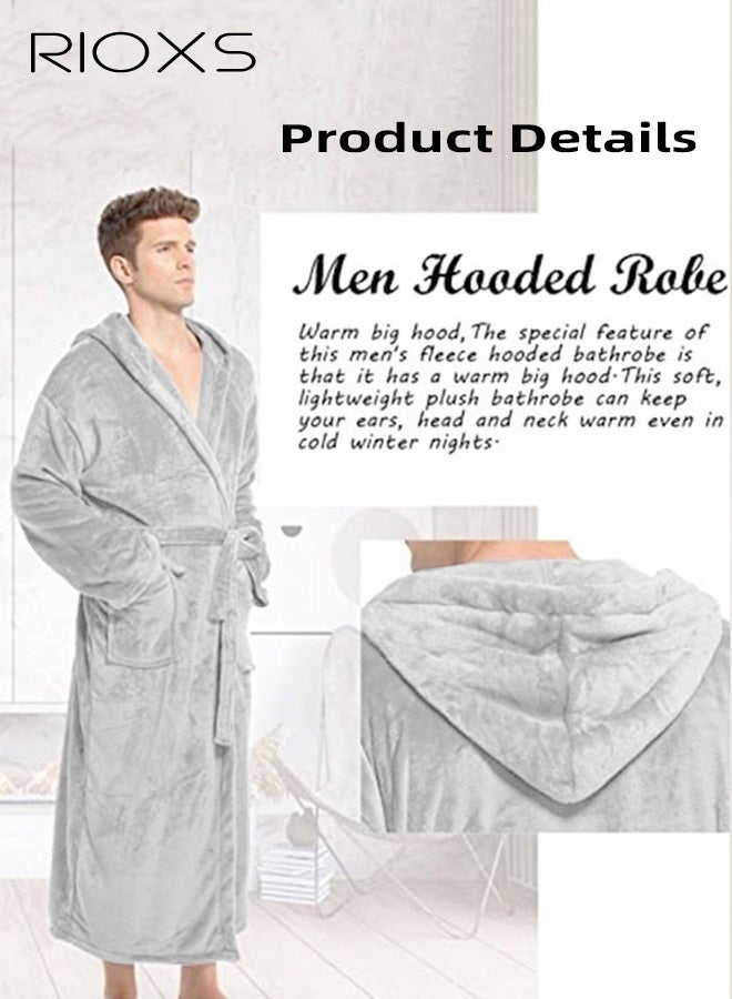 ريوكس رداء حمام رجالي فخم بغطاء للرأس، رداء شتوي طويل من الصوف للرجال ذوي القامة الطويلة، رداء منزلي ناعم طويل الأكمام من الفانيلا الدافئة مع حزام وجيب، رداء حمام كيمونو مريح، رداء سبا، ملابس منزلية، مناسب للاسترخاء في المنزل أو في السبا، رمادي - Image 5