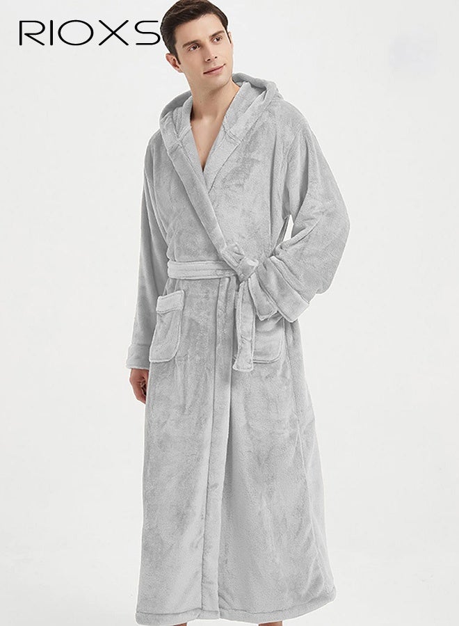 ريوكس رداء حمام رجالي فخم بغطاء للرأس، رداء شتوي طويل من الصوف للرجال ذوي القامة الطويلة، رداء منزلي ناعم طويل الأكمام من الفانيلا الدافئة مع حزام وجيب، رداء حمام كيمونو مريح، رداء سبا، ملابس منزلية، مناسب للاسترخاء في المنزل أو في السبا، رمادي - Image 2