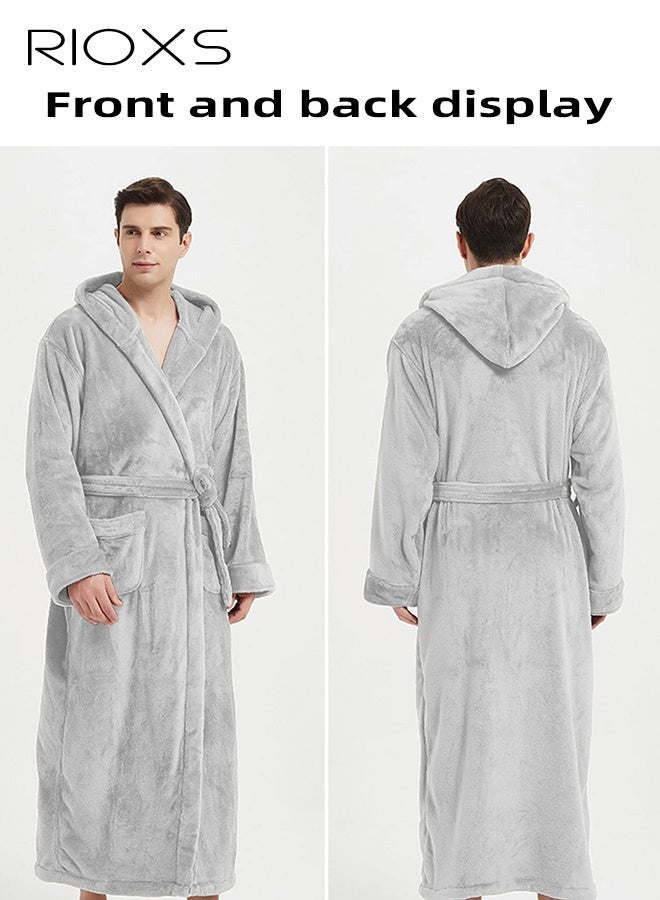 ريوكس رداء حمام رجالي فخم بغطاء للرأس، رداء شتوي طويل من الصوف للرجال ذوي القامة الطويلة، رداء منزلي ناعم طويل الأكمام من الفانيلا الدافئة مع حزام وجيب، رداء حمام كيمونو مريح، رداء سبا، ملابس منزلية، مناسب للاسترخاء في المنزل أو في السبا، رمادي - Image 3