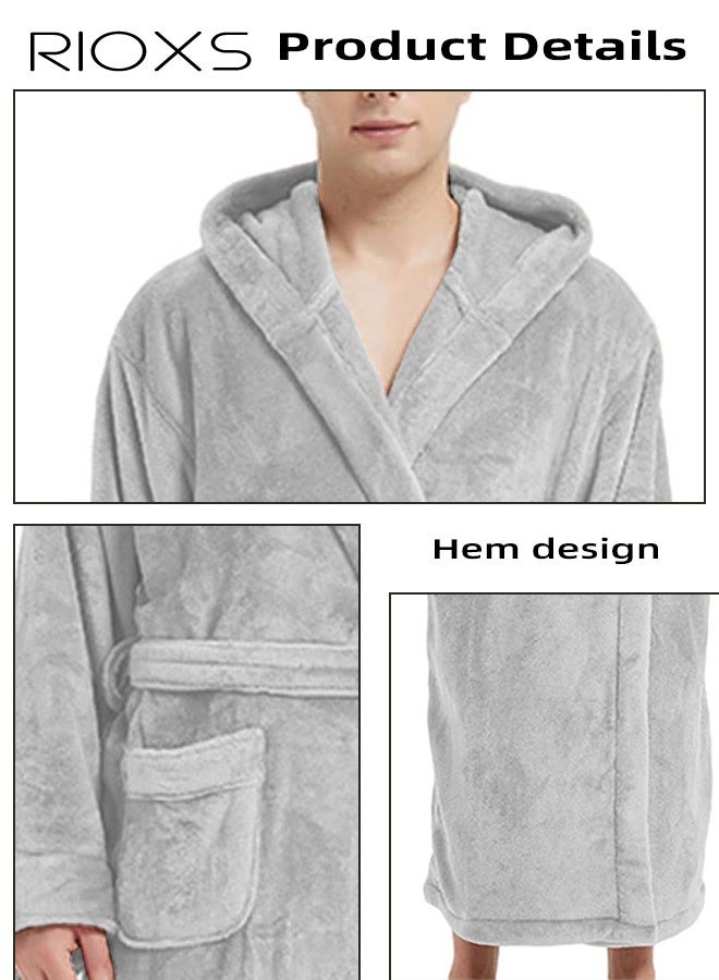 ريوكس رداء حمام رجالي فخم بغطاء للرأس، رداء شتوي طويل من الصوف للرجال ذوي القامة الطويلة، رداء منزلي ناعم طويل الأكمام من الفانيلا الدافئة مع حزام وجيب، رداء حمام كيمونو مريح، رداء سبا، ملابس منزلية، مناسب للاسترخاء في المنزل أو في السبا، رمادي - Image 4