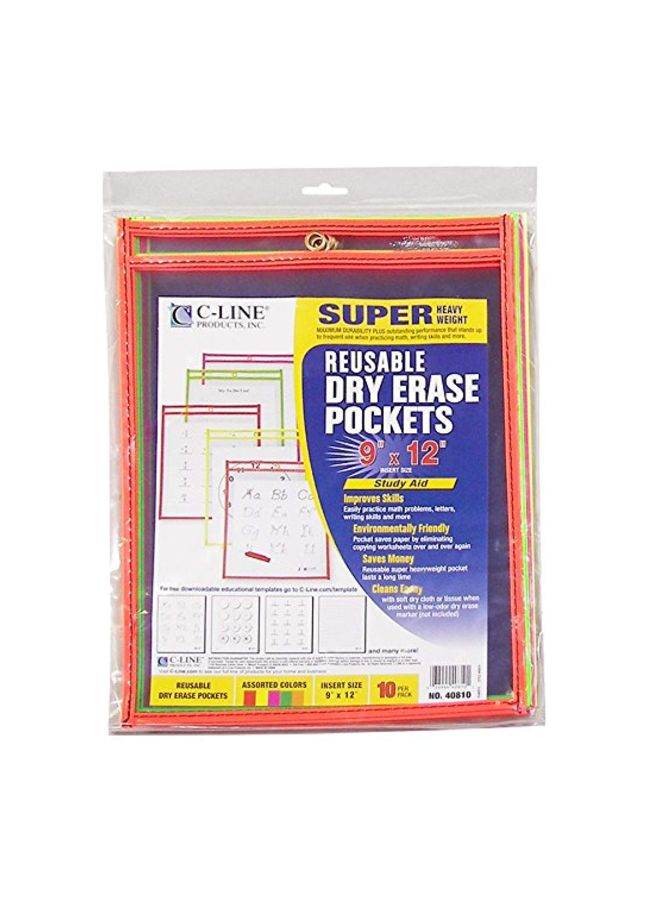 C-Line Reusable Dry Erase Pockets, 9 x 12 Inches, Assorted Neon Colors, 10 Pockets per Pack (40810) - Image 3