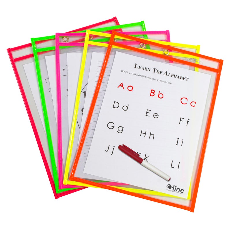 C-Line Reusable Dry Erase Pockets, 9 x 12 Inches, Assorted Neon Colors, 10 Pockets per Pack (40810) - Image 1