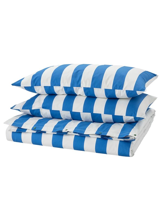 Zaboon Duvet cover and 2 pillowcases, blue/white/striped, 240x220/50x80 cm - Image 1